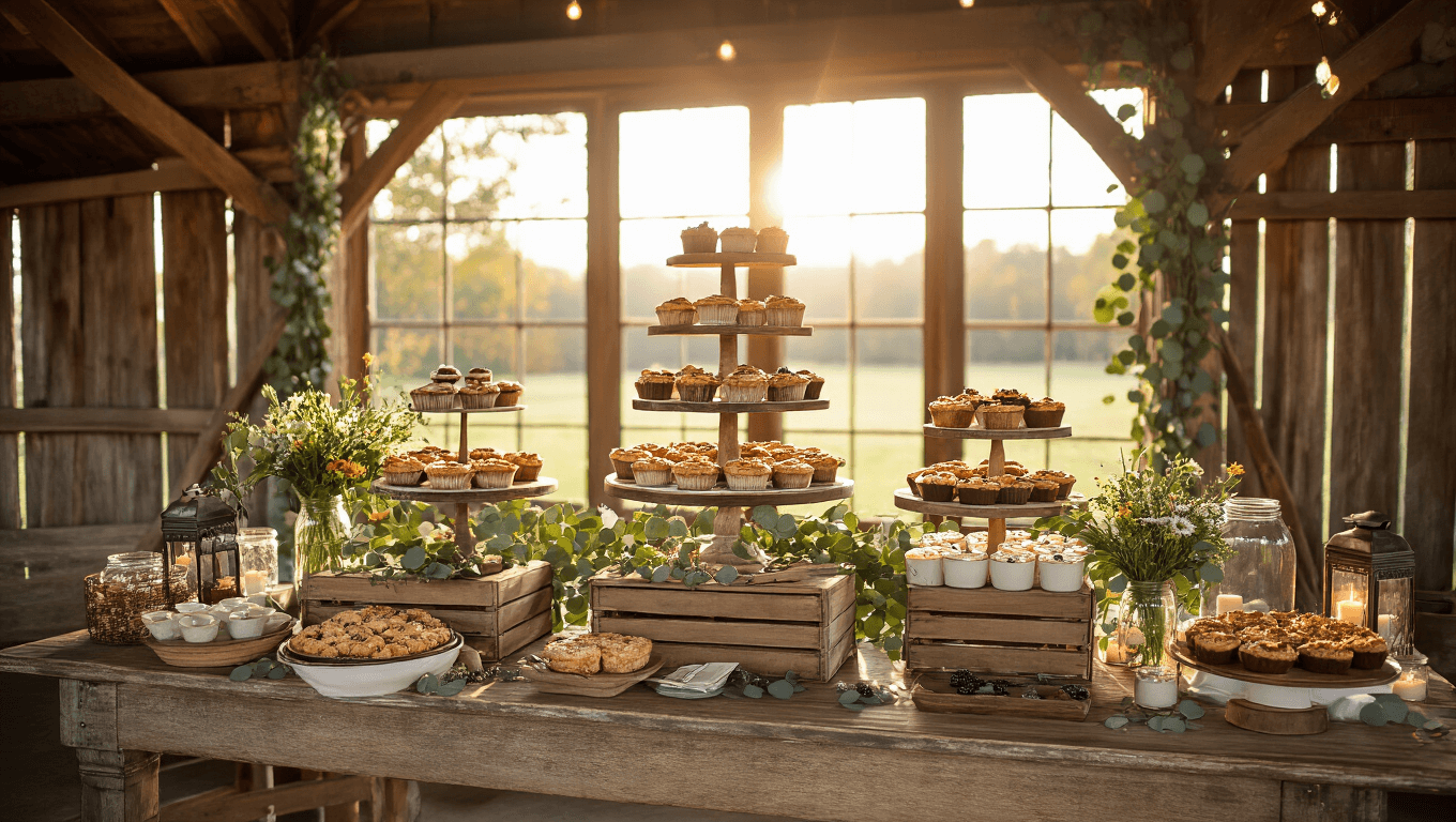 A rustic wedding dessert table in a sunlit barn, featuring a wooden farmhouse table adorned with multi-tiered cake stands, mason jars, and wildflowers, with warm lighting creating a romantic atmosphere.