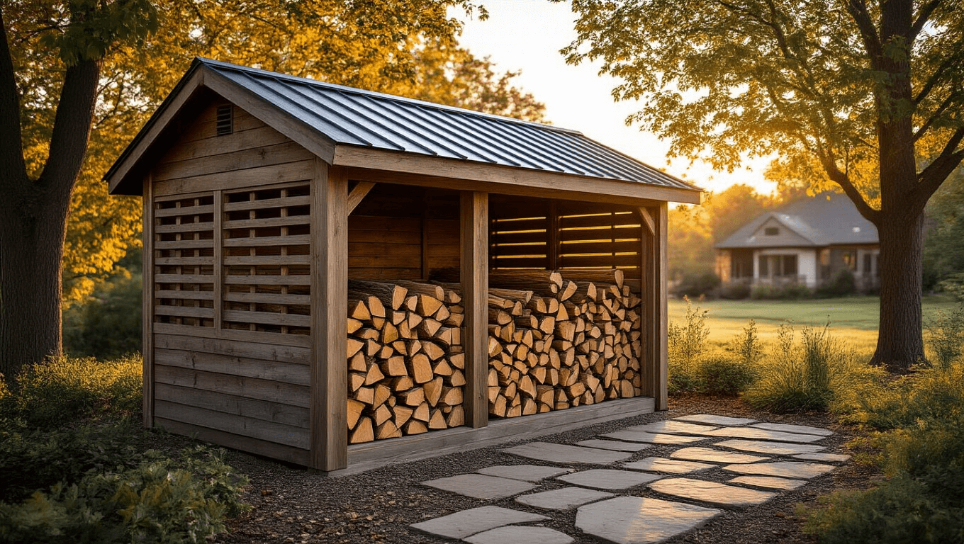 A photorealistic image of a cedar firewood shed at golden hour, showcasing weathered wood textures, neatly stacked oak firewood, a natural stone pathway, and dappled sunlight through maple trees, with a blurred modern farmhouse in the background.
