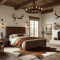 Photorealistic interior of a spacious western luxury bedroom featuring a reclaimed barn wood king bed with a tufted cognac leather headboard, cream linen bedding, a vintage saddle leather armchair, and a floor-to-ceiling stone fireplace, accented by wrought-iron chandelier, mounted antlers, and southwestern pattern pillows, illuminated by golden hour sunlight.