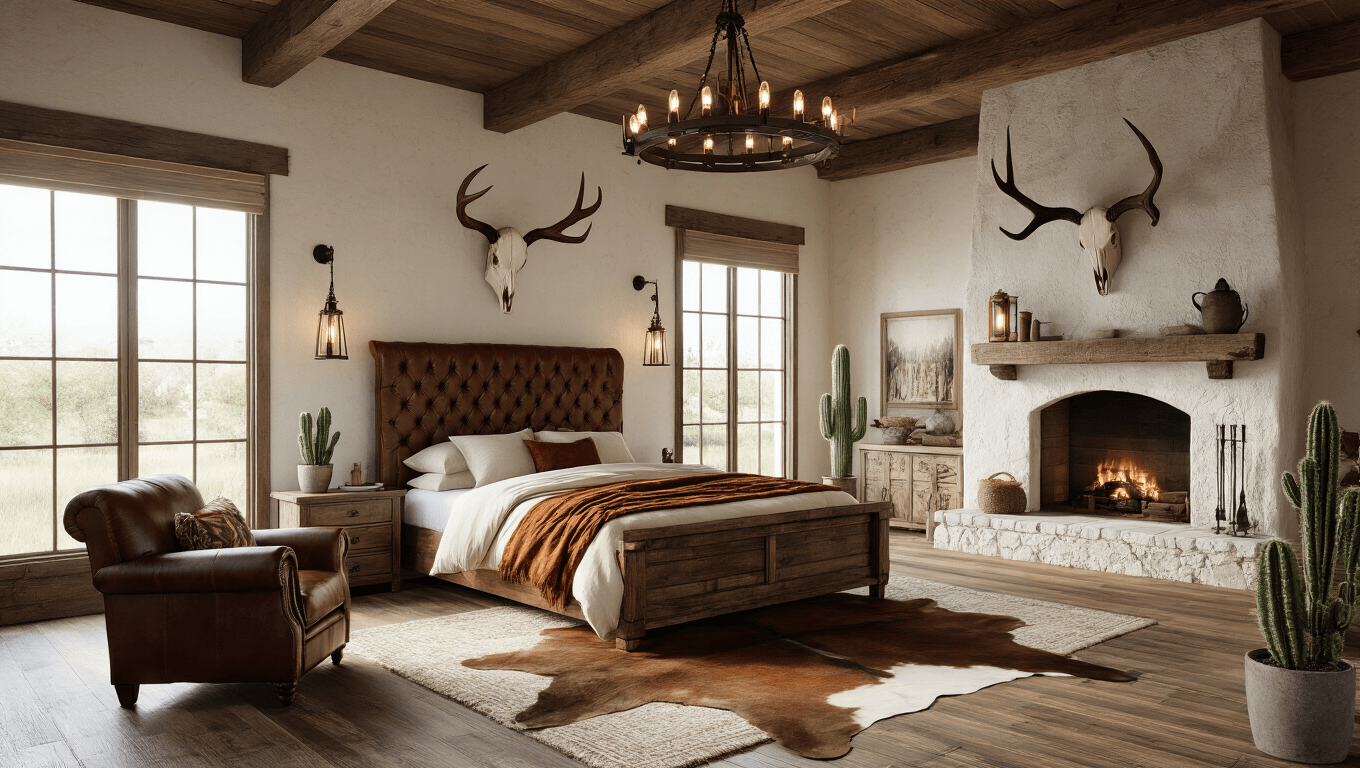 Photorealistic interior of a spacious western luxury bedroom featuring a reclaimed barn wood king bed with a tufted cognac leather headboard, cream linen bedding, a vintage saddle leather armchair, and a floor-to-ceiling stone fireplace, accented by wrought-iron chandelier, mounted antlers, and southwestern pattern pillows, illuminated by golden hour sunlight.