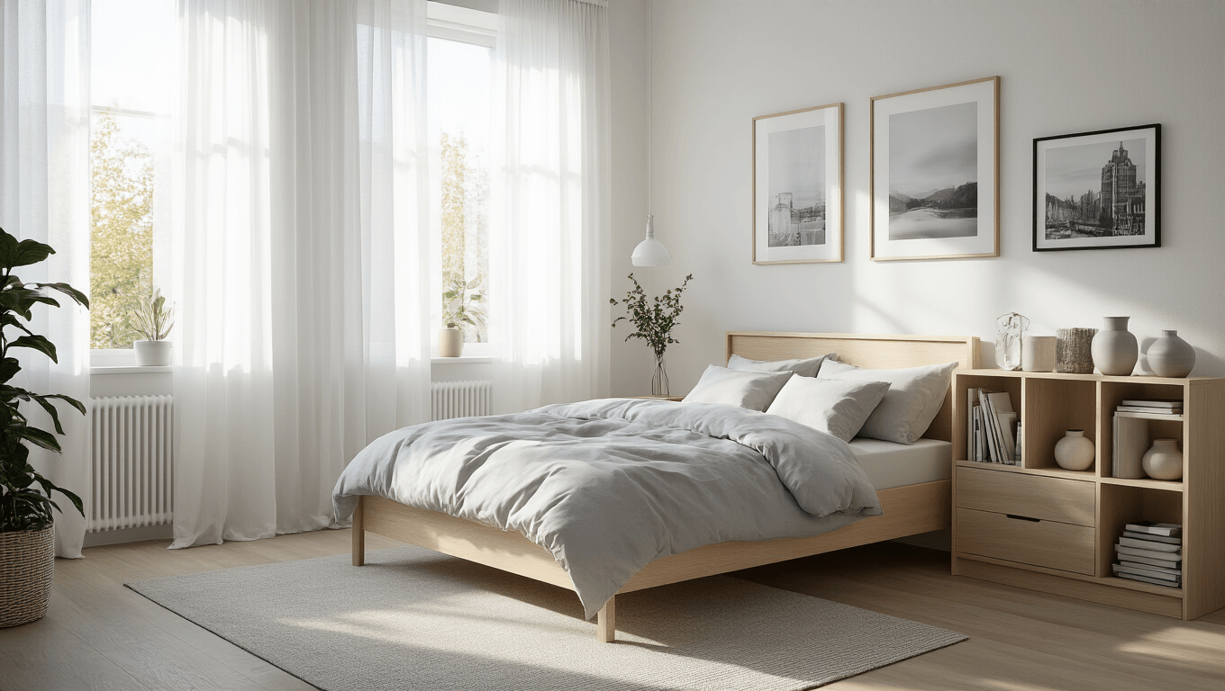 A minimalist Scandinavian bedroom featuring a MALM bed frame with light grey and white bedding, bathed in morning sunlight with sheer white curtains, showcasing natural wood accents and curated decor.