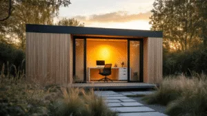 Garden Home Office: Your Ultimate Guide to Creating a Stunning Workspace in Nature A minimalist Scandinavian garden office pod at sunset, featuring floor-to-ceiling windows, natural cedar cladding, and surrounded by ornamental plants and grasses, all set in a serene garden with a stone pathway.