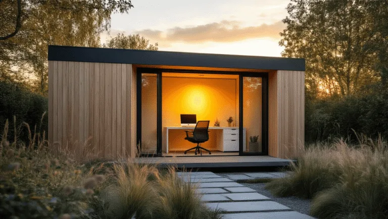 A minimalist Scandinavian garden office pod at sunset, featuring floor-to-ceiling windows, natural cedar cladding, and surrounded by ornamental plants and grasses, all set in a serene garden with a stone pathway.