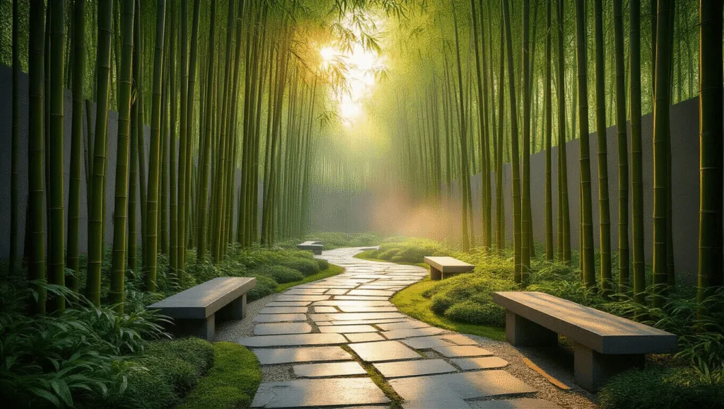 A tranquil bamboo garden at golden hour featuring towering Bambusa oldhamii, a winding slate pathway, weathered stone benches, and a modern concrete wall backdrop, all immersed in warm light and soft mist, captured in photorealistic detail.