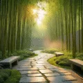 A tranquil bamboo garden at golden hour featuring towering Bambusa oldhamii, a winding slate pathway, weathered stone benches, and a modern concrete wall backdrop, all immersed in warm light and soft mist, captured in photorealistic detail.
