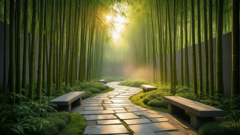 A tranquil bamboo garden at golden hour featuring towering Bambusa oldhamii, a winding slate pathway, weathered stone benches, and a modern concrete wall backdrop, all immersed in warm light and soft mist, captured in photorealistic detail.