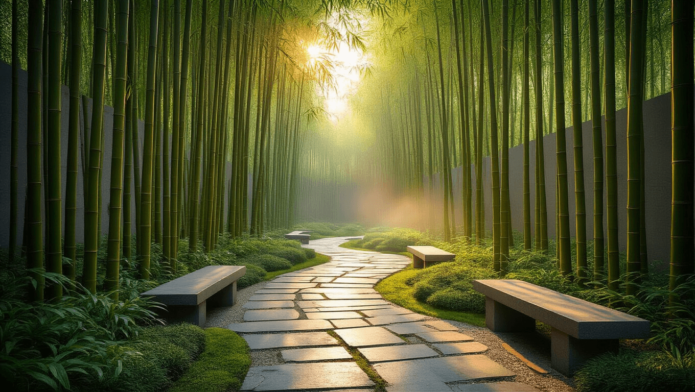A tranquil bamboo garden at golden hour featuring towering Bambusa oldhamii, a winding slate pathway, weathered stone benches, and a modern concrete wall backdrop, all immersed in warm light and soft mist, captured in photorealistic detail.