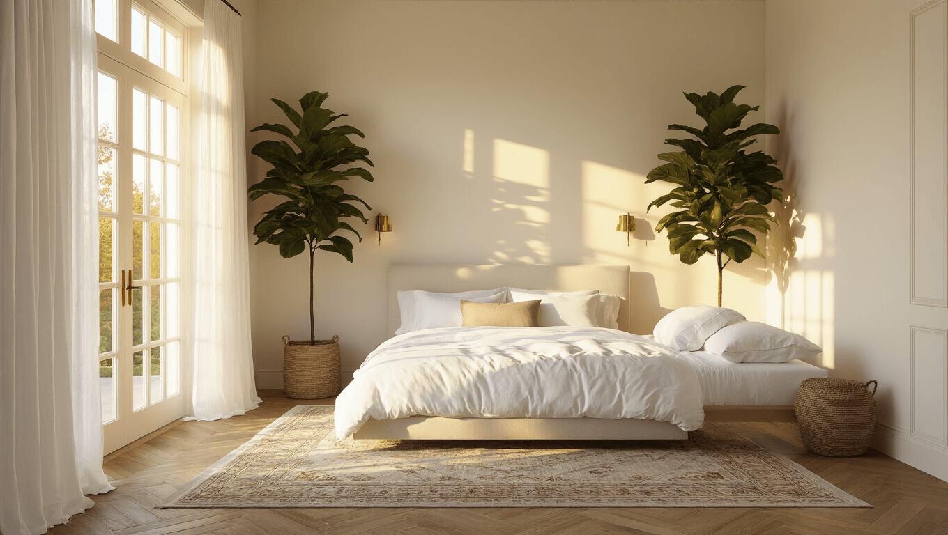 A luxurious master bedroom featuring a king-sized bed with white organic cotton bedding, bathed in warm golden hour sunlight from floor-to-ceiling windows, accented by sheer curtains, a vintage Persian rug, and oversized fiddle leaf figs.