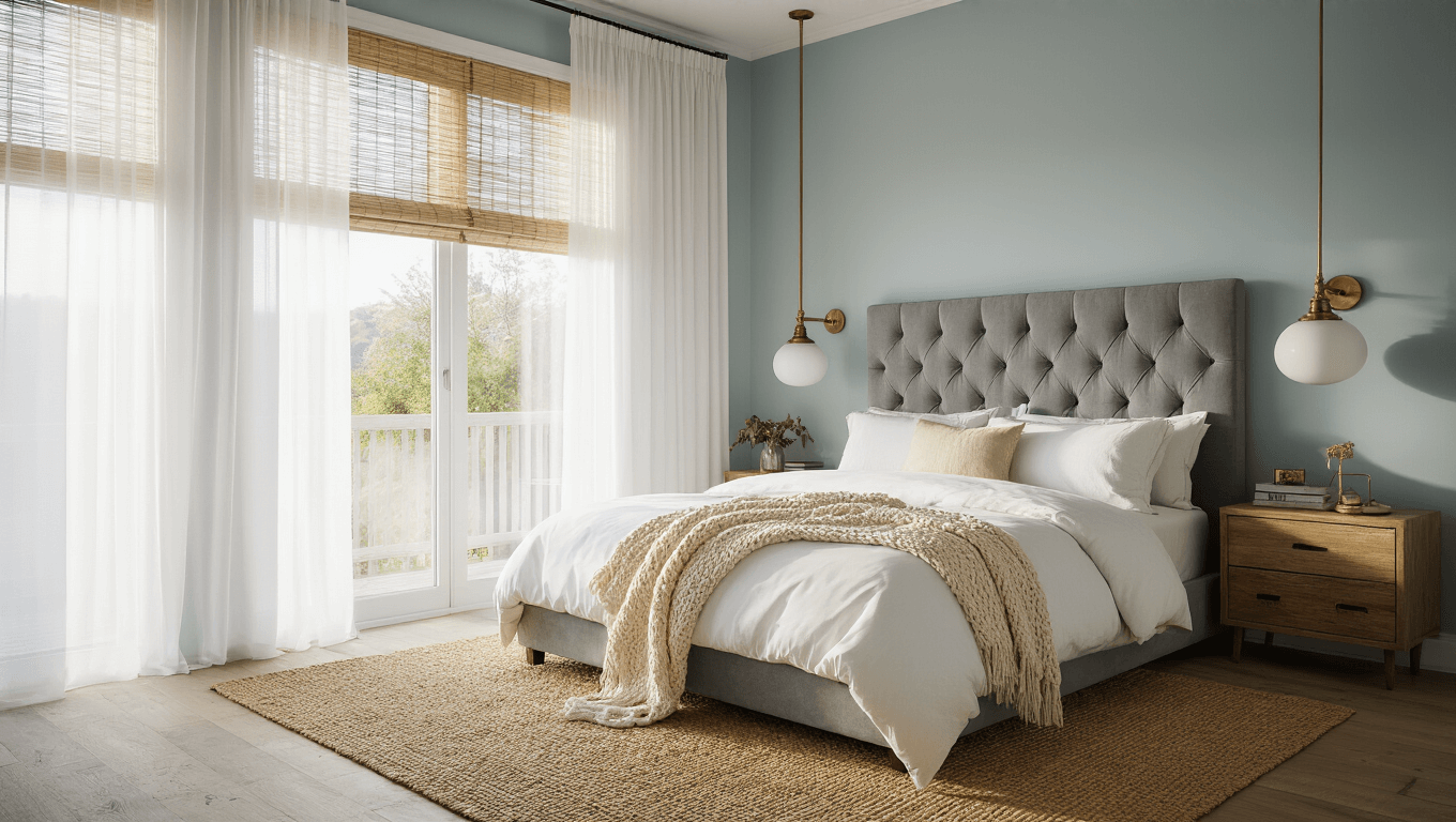 Photorealistic interior of a luxurious bedroom with golden hour sunlight, featuring a tufted grey velvet headboard, crisp white linens layered with cream and taupe textiles, vintage brass lamps, a natural jute rug, and woven bamboo blinds, shot from a doorway perspective with shallow depth of field.