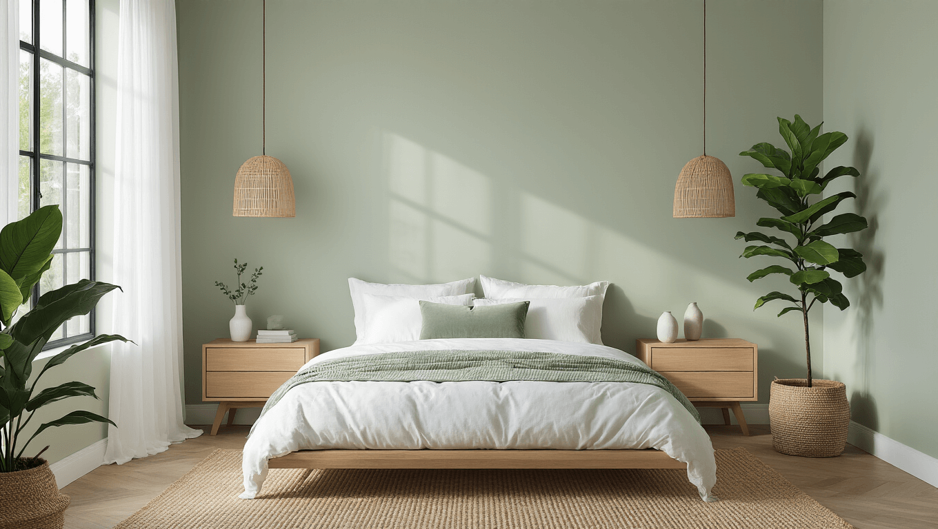 A serene sage green bedroom with morning light, featuring a modern platform bed, layered bedding, oak nightstands, a fiddle leaf fig plant, and a jute rug, all captured in soft focus.