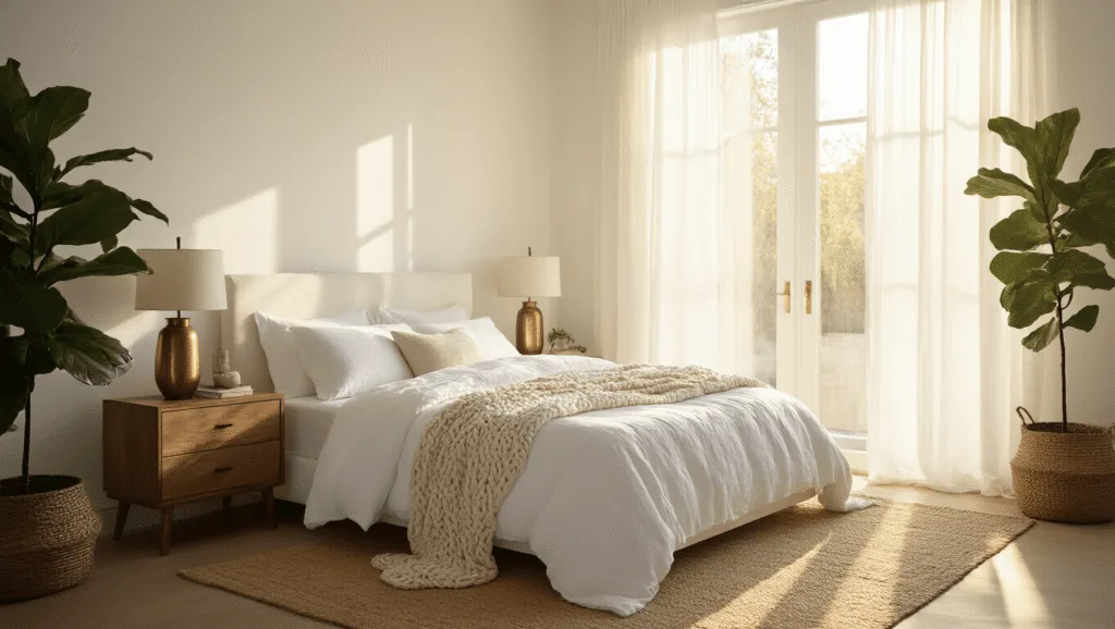 White Bedroom Ideas: Create a Serene and Stylish Sanctuary A serene white master bedroom illuminated by morning sunlight, featuring a California king bed with layered white textiles, vintage oak nightstands, and a fiddle leaf fig plant, captured in photorealistic detail with soft shadows and volumetric lighting.