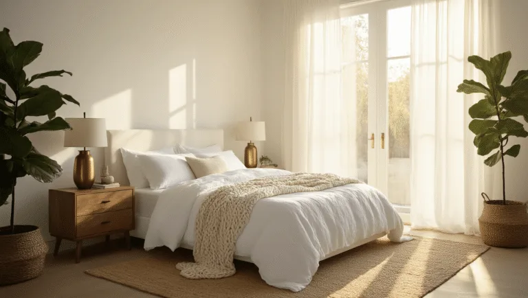 A serene white master bedroom illuminated by morning sunlight, featuring a California king bed with layered white textiles, vintage oak nightstands, and a fiddle leaf fig plant, captured in photorealistic detail with soft shadows and volumetric lighting.