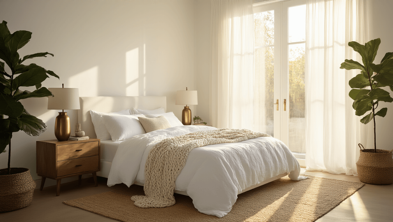 A serene white master bedroom illuminated by morning sunlight, featuring a California king bed with layered white textiles, vintage oak nightstands, and a fiddle leaf fig plant, captured in photorealistic detail with soft shadows and volumetric lighting.