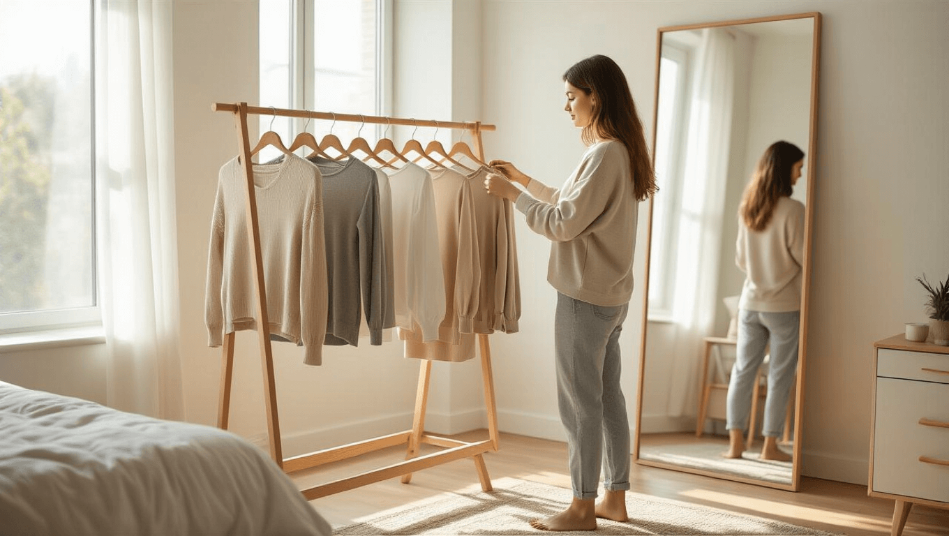 A female student organizes neutral-toned clothes on a wooden rack in a minimalist dorm room, bathed in natural morning light, with a full-length mirror and soft sunlight creating a cozy atmosphere.