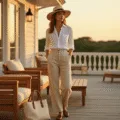 A woman in a white linen shirt and beige pants stands on a sunlit terrace in the Hamptons, wearing a straw hat and leather loafers, with a cream tote on teak furniture during golden hour.