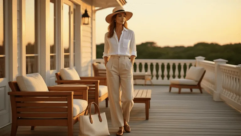 A woman in a white linen shirt and beige pants stands on a sunlit terrace in the Hamptons, wearing a straw hat and leather loafers, with a cream tote on teak furniture during golden hour.