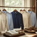 Sophisticated arrangement of linen shirts, cotton polos, and tailored chinos in a sunlit walk-in closet, with brown leather accessories on a vintage valet tray, capturing the elegance of old money style.