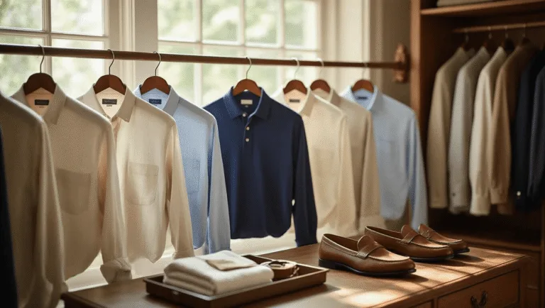 Old Money Summer Style for Men: Effortless Elegance Made Simple Sophisticated arrangement of linen shirts, cotton polos, and tailored chinos in a sunlit walk-in closet, with brown leather accessories on a vintage valet tray, capturing the elegance of old money style.