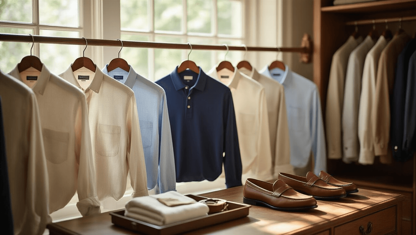 Sophisticated arrangement of linen shirts, cotton polos, and tailored chinos in a sunlit walk-in closet, with brown leather accessories on a vintage valet tray, capturing the elegance of old money style.