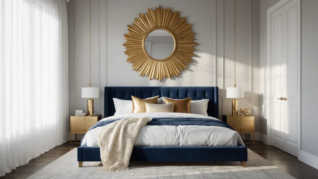 10 Stunning Bedroom Mirror Ideas to Transform Your Space A luxurious master bedroom with a dramatic oversized antiqued gold sunburst mirror above a navy blue velvet platform bed, bathed in golden hour sunlight filtering through sheer white curtains. The room features pale grey walls, layered white linens, chunky ivory throws, and metallic pillows, with dark hardwood floors reflecting subtle glints.