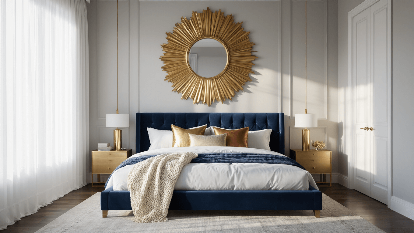 A luxurious master bedroom with a dramatic oversized antiqued gold sunburst mirror above a navy blue velvet platform bed, bathed in golden hour sunlight filtering through sheer white curtains. The room features pale grey walls, layered white linens, chunky ivory throws, and metallic pillows, with dark hardwood floors reflecting subtle glints.
