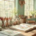 A sunlit craft room with a vintage wooden desk, organized scrapbooking supplies in mason jars, and an open scrapbook with floral doodles, all illuminated by natural light from large windows, featuring mint green walls and a cozy atmosphere.