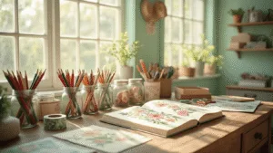 Unleash Your Creativity: 7 Adorable Scrapbook Drawing Ideas to Jazz Up Your Pages A sunlit craft room with a vintage wooden desk, organized scrapbooking supplies in mason jars, and an open scrapbook with floral doodles, all illuminated by natural light from large windows, featuring mint green walls and a cozy atmosphere.