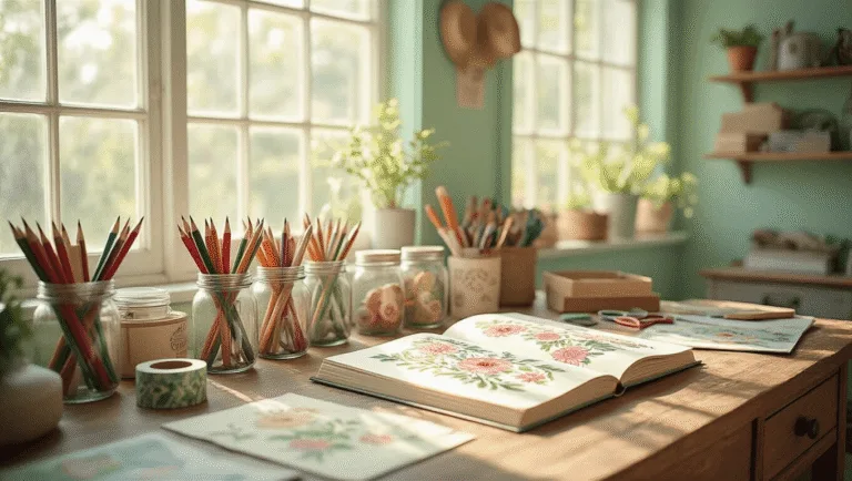A sunlit craft room with a vintage wooden desk, organized scrapbooking supplies in mason jars, and an open scrapbook with floral doodles, all illuminated by natural light from large windows, featuring mint green walls and a cozy atmosphere.