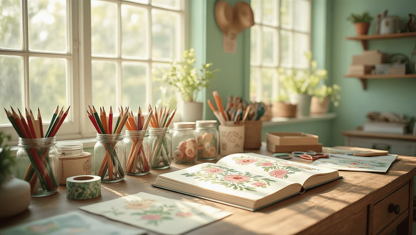 A sunlit craft room with a vintage wooden desk, organized scrapbooking supplies in mason jars, and an open scrapbook with floral doodles, all illuminated by natural light from large windows, featuring mint green walls and a cozy atmosphere.
