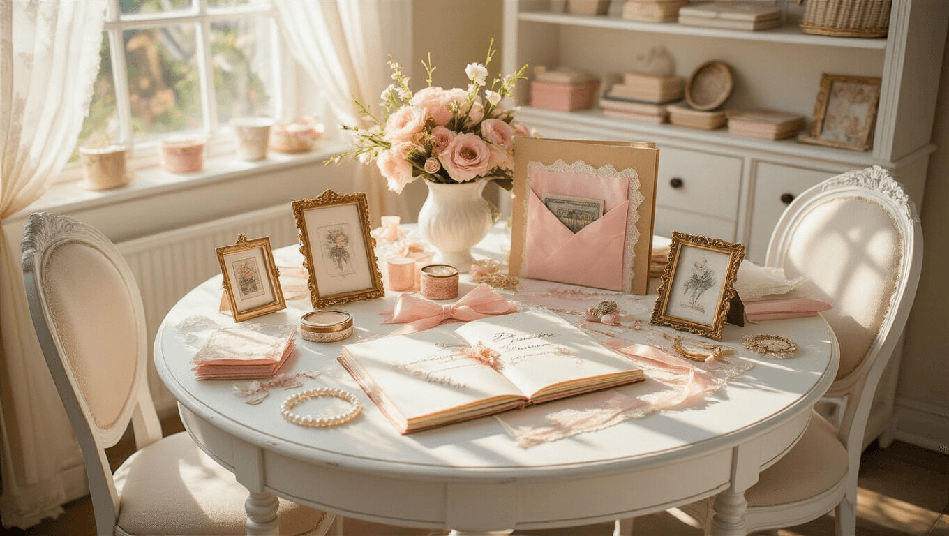 A sunlit craft room featuring a vintage white table adorned with blush pink and gold scrapbooking supplies, an open scrapbook, elegant chairs, and a cork board filled with wedding memories.