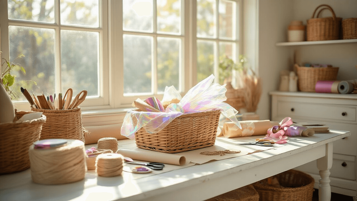 Bright and airy craft room workspace filled with natural sunlight, featuring a vintage white wooden table at center, in-progress gift basket wrapped in iridescent cellophane, surrounded by colorful wrapping supplies, woven baskets, and artfully scattered crafting tools. Exposed wooden beams and potted plants enhance the inviting atmosphere.