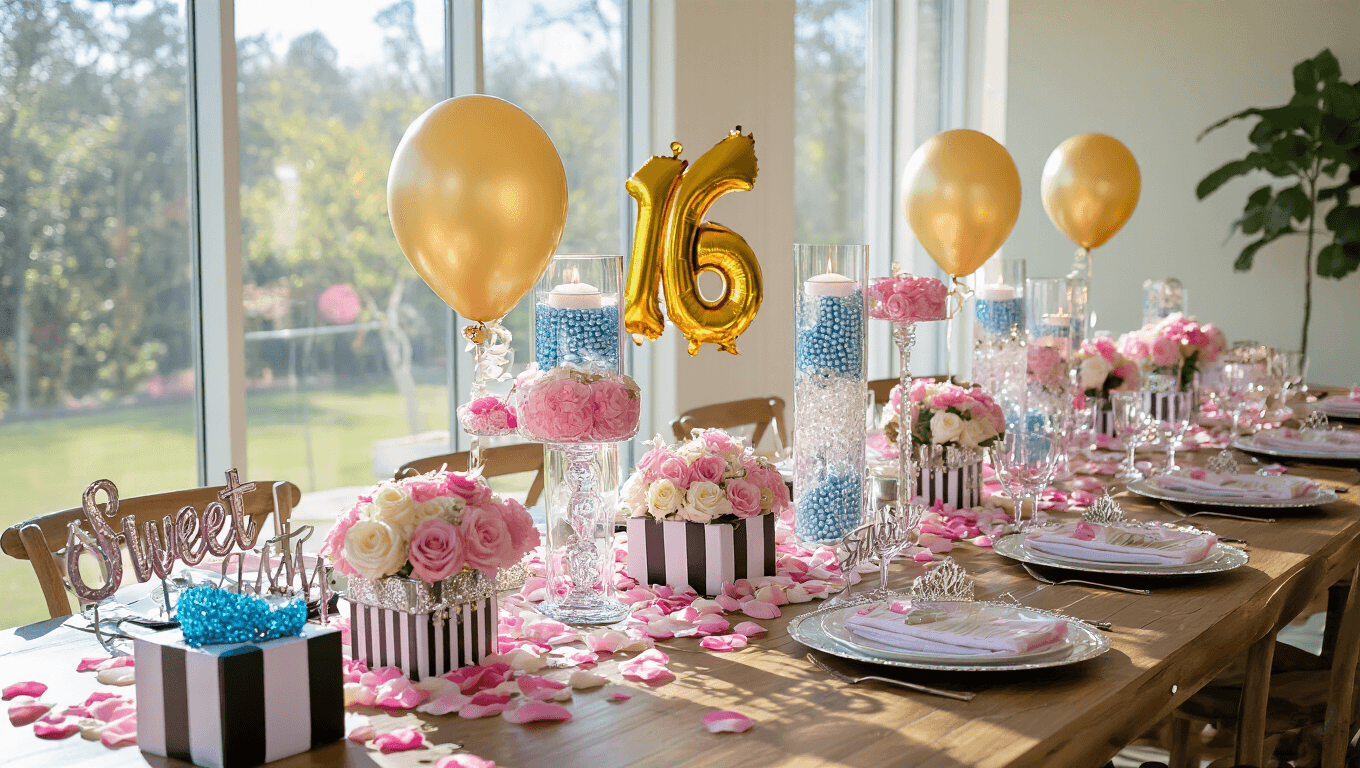 A beautifully decorated dining room for a Sweet 16 celebration, featuring a long wooden table with gold "16" balloons, rose petals, floating candles in cylinder vases, and LED-lit photo cubes, all set in warm golden hour lighting.