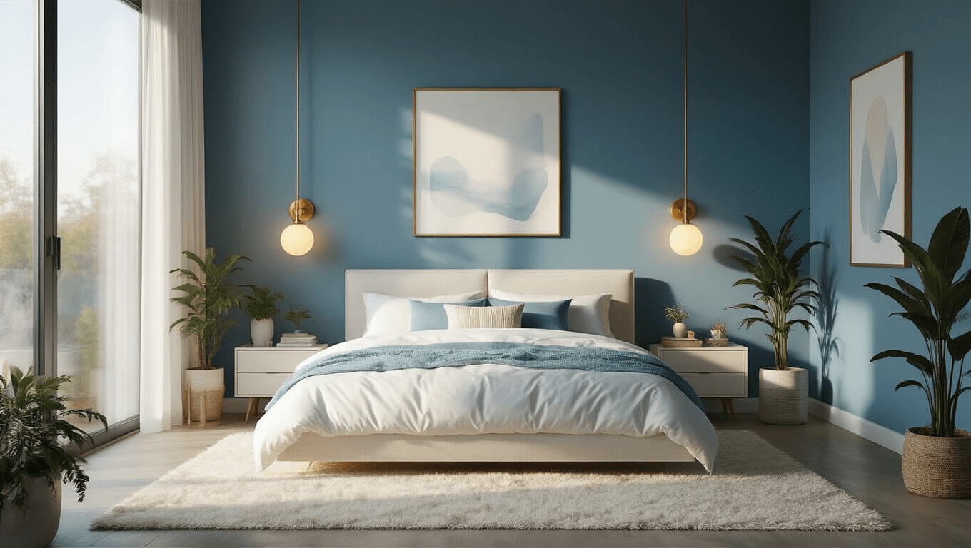A serene modern bedroom with a king-size platform bed, accent wall in Krypton blue, warm brass sconces, and layered textiles, illuminated by ethereal morning light through large windows.
