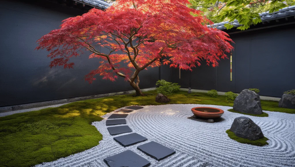 A photorealistic Japanese courtyard garden at dawn featuring a weeping maple, stone pavers, a tsukubai water basin, and soft mist, all captured in intricate detail and serene, contemplative lighting.