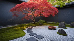 Tsubo-Niwa: Transform Your Small Space into a Zen Japanese Courtyard Garden A photorealistic Japanese courtyard garden at dawn featuring a weeping maple, stone pavers, a tsukubai water basin, and soft mist, all captured in intricate detail and serene, contemplative lighting.