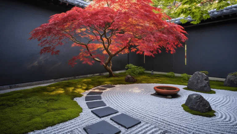 A photorealistic Japanese courtyard garden at dawn featuring a weeping maple, stone pavers, a tsukubai water basin, and soft mist, all captured in intricate detail and serene, contemplative lighting.