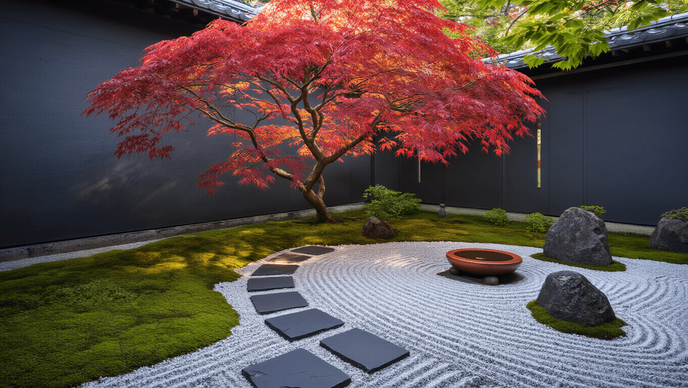A photorealistic Japanese courtyard garden at dawn featuring a weeping maple, stone pavers, a tsukubai water basin, and soft mist, all captured in intricate detail and serene, contemplative lighting.