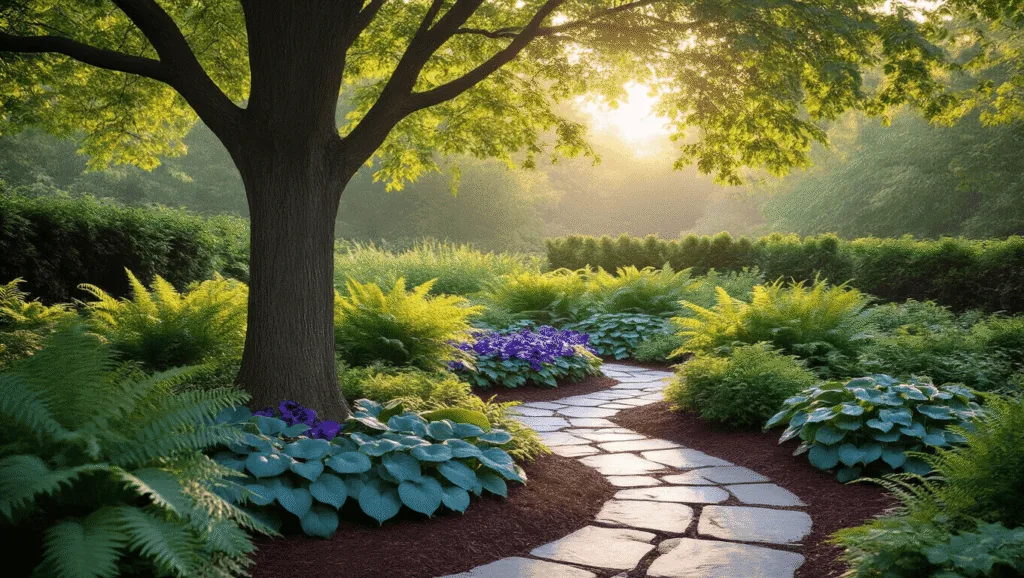 Landscaping Around Trees: Transform Your Yard into a Stunning Outdoor Oasis A serene maple tree garden at golden hour, featuring concentric plantings of tall ostrich ferns, medium blue-green hostas, and purple-veined coral bells, framed by a natural stone border and a curved flagstone path, with soft sunlight filtering through leaves and mist rising from the ground.