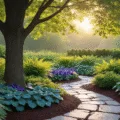 A serene maple tree garden at golden hour, featuring concentric plantings of tall ostrich ferns, medium blue-green hostas, and purple-veined coral bells, framed by a natural stone border and a curved flagstone path, with soft sunlight filtering through leaves and mist rising from the ground.