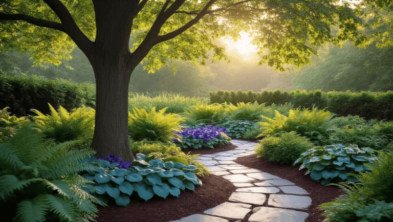A serene maple tree garden at golden hour, featuring concentric plantings of tall ostrich ferns, medium blue-green hostas, and purple-veined coral bells, framed by a natural stone border and a curved flagstone path, with soft sunlight filtering through leaves and mist rising from the ground.