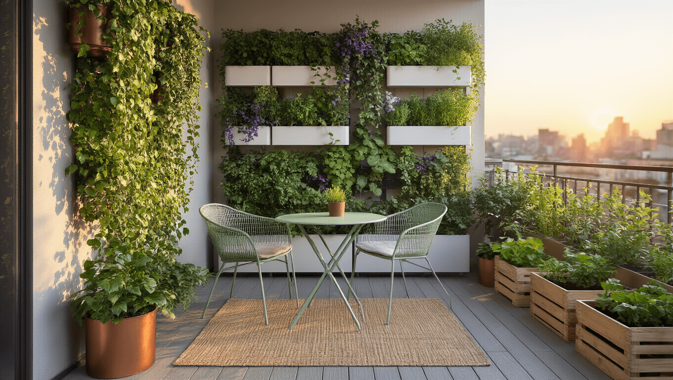Photorealistic urban balcony garden at golden hour, featuring a vertical garden with cascading plants, weathered copper planters, white wall-mounted containers, reclaimed wooden crates, sage green bistro set, woven jute rug, and string lights, all cast in warm sunset lighting.