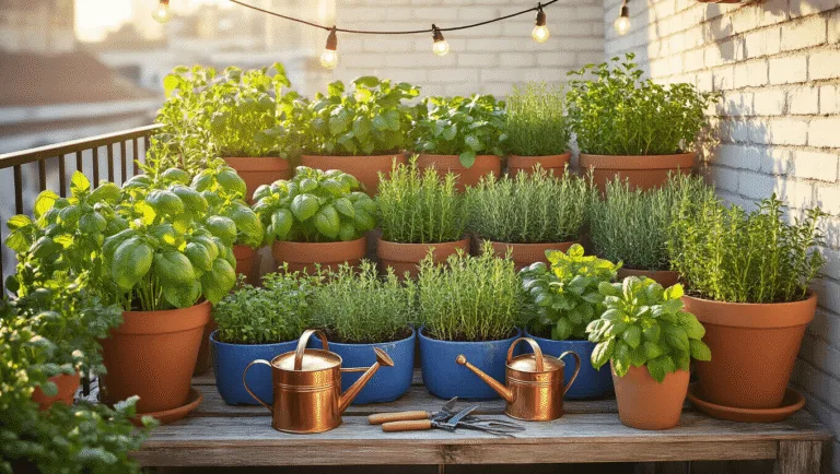 Photorealistic image of a sunlit urban balcony garden at golden hour, featuring organized pots of basil, rosemary, thyme, and mint, with a vintage copper watering can, pruning tools, and string lights, set against a whitewashed brick wall and distant city skyline.