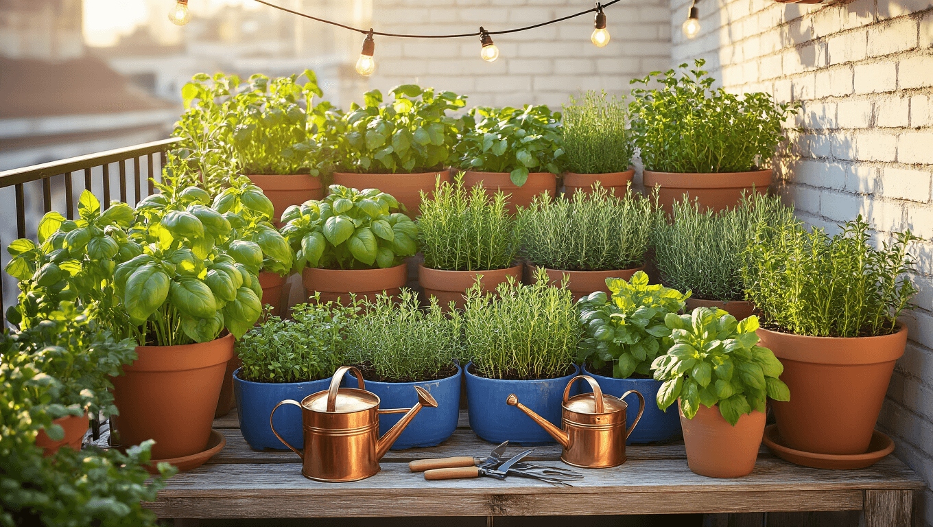Photorealistic image of a sunlit urban balcony garden at golden hour, featuring organized pots of basil, rosemary, thyme, and mint, with a vintage copper watering can, pruning tools, and string lights, set against a whitewashed brick wall and distant city skyline.