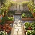 Aerial view of a sunlit urban courtyard garden at golden hour, featuring vibrant vegetable and herb pots, copper trellises with ripe tomatoes, cascading strawberry plants, stone pathways, raised cedar planters, and a weathered wooden bench against whitewashed walls, with dappled light filtering through a pergola.