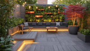 A photorealistic urban deck at golden hour featuring herringbone-patterned gray composite decking, an L-shaped bench with charcoal cushions, and a vertical garden wall with copper planters. The scene is illuminated by warm string lights, modern minimalist furniture, and a Japanese maple in a contemporary planter, creating a cozy outdoor retreat.