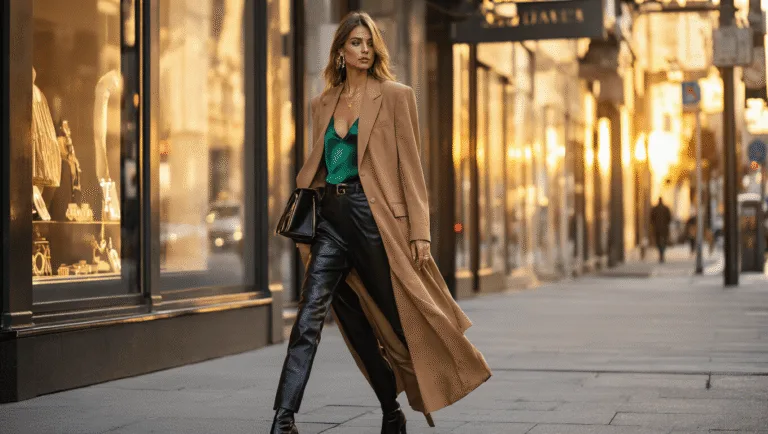 A stylish woman in high-waisted black leather pants, emerald silk bodysuit, and an oversized camel blazer walks confidently on a city street during golden hour, wearing pointed black ankle boots and carrying a structured leather bag, with loose waves in her hair and delicate gold jewelry catching the warm light. Urban storefronts with reflective windows are in the background.