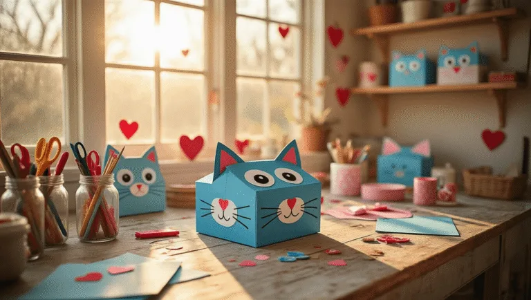 A sunlit craft room filled with creative supplies, featuring a completed blue Pete the Cat Valentine box centerpiece on a wooden table, surrounded by craft materials and organized jars. Floating shelves display various cat-themed Valentine boxes, while a mood board with sketches hangs on a shiplap wall. Soft bokeh, warm colors, and subtle dust particles enhance the cozy atmosphere.