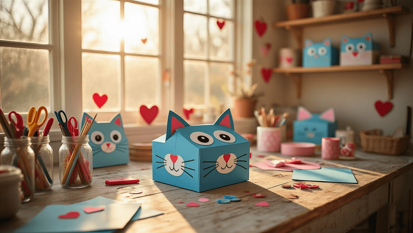 A sunlit craft room filled with creative supplies, featuring a completed blue Pete the Cat Valentine box centerpiece on a wooden table, surrounded by craft materials and organized jars. Floating shelves display various cat-themed Valentine boxes, while a mood board with sketches hangs on a shiplap wall. Soft bokeh, warm colors, and subtle dust particles enhance the cozy atmosphere.