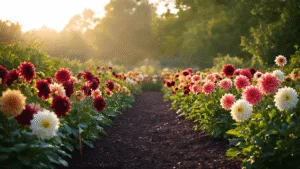 Dahlia Gardens: Your Ultimate Guide to Growing Spectacular Blooms Photorealistic wide shot of a vibrant dahlia garden at golden hour, featuring dramatic lighting, rich colors, and varied flower forms, with dew drops and soft evening mist enhancing the scene.