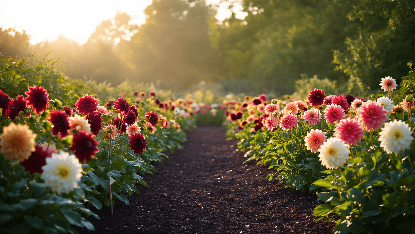 Photorealistic wide shot of a vibrant dahlia garden at golden hour, featuring dramatic lighting, rich colors, and varied flower forms, with dew drops and soft evening mist enhancing the scene.